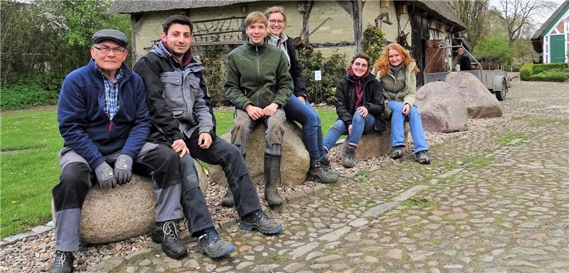 Verdiente Pause: Anleiter Martin Gawlig (von links) mit Arsen Amirkhayan, Alexander Szymanski, Helena Berg, Tinatin Davadze und Jugendbauhütten-Leiterin Eva Pfennig. Fotos Lepél