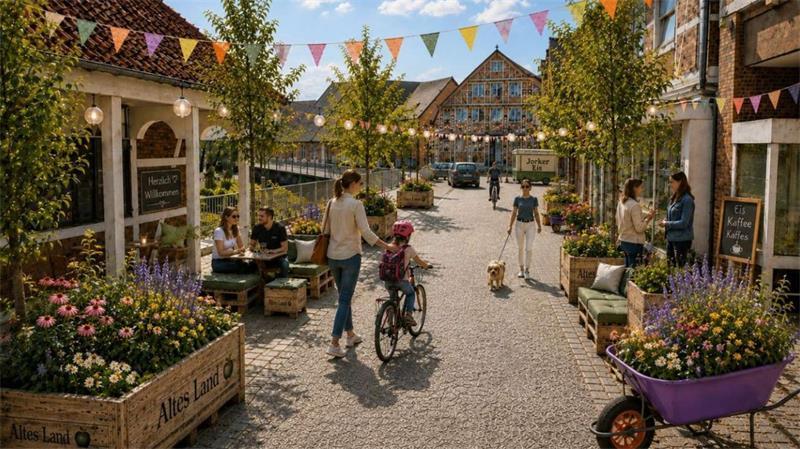 Verkehrsberuhigung: So stellt sich Antje Priester-Wolf aus dem Rathaus der Gemeinde Jork (mit Hilfe von KI) die Pop-up-Testphase am Fleet vor.