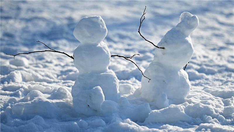 Viele Kinder freuen sich über das Winterwetter und bauen Schneemänner. 