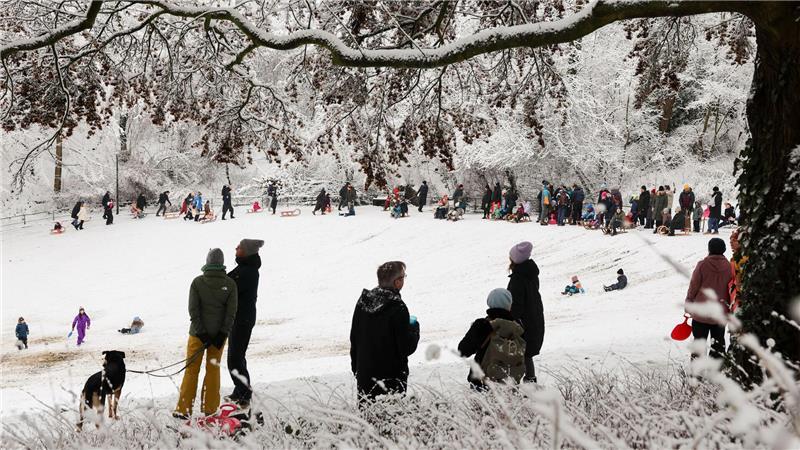 Viele Menschen genießen den Winter beim Rodeln und Spazierengehen im Jenischpark in Hamburg.
