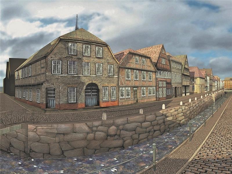Virtuelle Zeitreise: Viele alte Häuser, die vor 100 Jahren noch das Buxtehuder Ostfleth prägten, sind heute Geschichte. Foto: Lesprenger