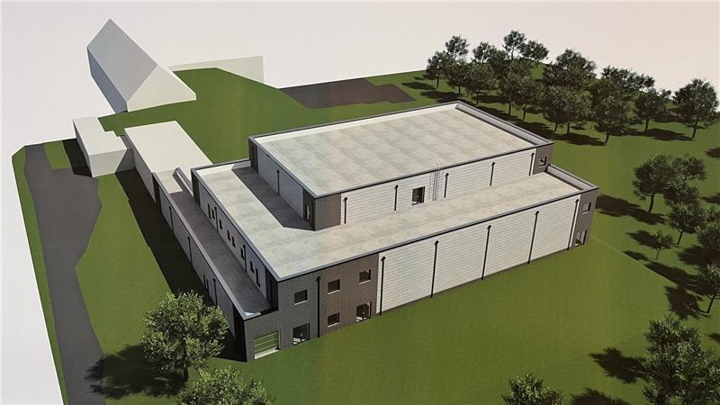 Wald weicht Technik: Bau des Wasserwerks in Dollern steht kurz bevor Visualisierung: Blick auf das neue Wasserwerk des TWV Stader Land in Dollern im Jahr 2028, hinten links steht der Altbau von 1959. Auf dem extensiv begrünten Flachdach ist Platz für eine Photovoltaikanlage.