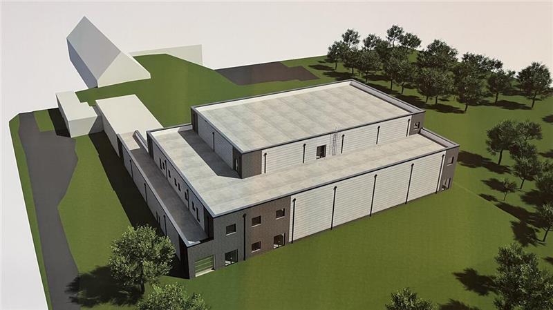 Trinkwasserverband Stader Land baut in Dollern ein neues Wasserwerk Visualisierung: Blick auf das neue Wasserwerk des TWV Stader Land in Dollern im Jahr 2028, hinten links steht der Altbau von 1959.