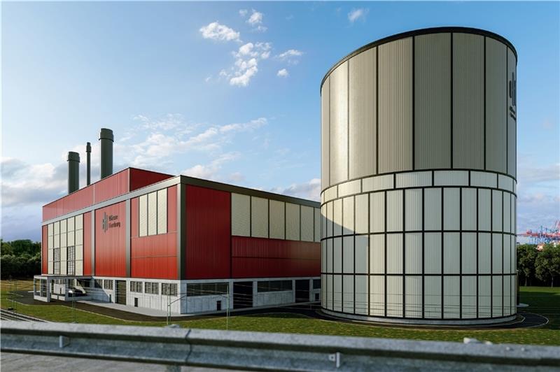 Visualisierung des geplanten Gaskraftwerks Dradenau, dessen Fernwärme per Leitung unter der Elbe hindurch ans Nordufer gelangen soll. Fotos: Wärme Hamburg