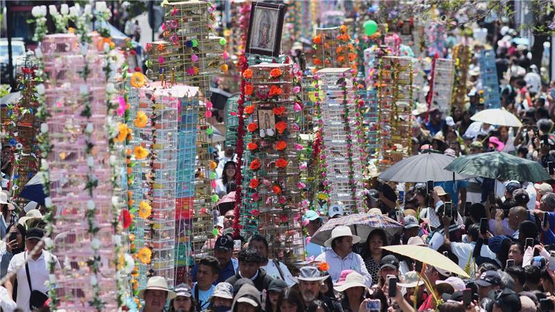 Vogelverkäufer gehen mit geschmückten Vogelkäfigen während einer jährlichen Wallfahrt zur Basilika Unserer Lieben Frau von Guadalupe in Mexiko-Stadt.
