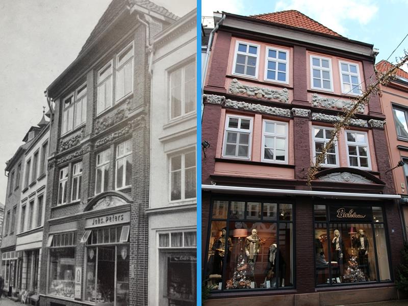 Vom Weinhändler Johannes Lüders 1669 erbaut, vom Textilhändler Brokelmann 2020 gekauft: Haus Hökerstraße 26 - damals und heute. Fotos: Richter