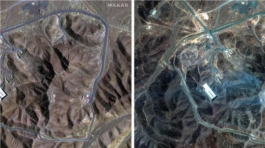 Vorher/Nachher: Der Einschlag von US-Bomben in der iranischen Atomanlage Fordo ist aus dem Weltall sichtbar.