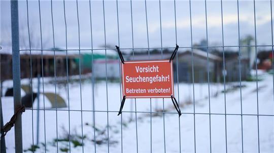 „Vorsicht Seuchengefahr!“ steht auf einem Schild an einem Betrieb in Mehrow. Zum Schutz vor einer möglichen Ausbreitung der Maul- und Klauenseuche sollen am Vormittag vorsorglich rund 200 Schweine im brandenburgischen Landkreis Barnim getötet werden. Nun hat Südkorea Schweinefleischimporte aus Deutschland verboten.