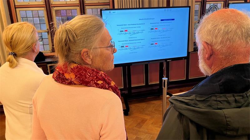 Während der Kommunalwahl werden die Wahlergebnisse im Stader Königsmarcksaal angezeigt.