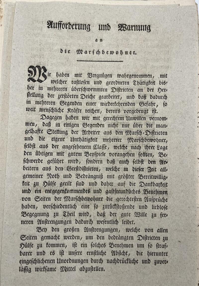 Die Februarflut 1825 brachte Tod und Verderben ins Alte Land Warnschrift der Behörden nach der Sturmflut.