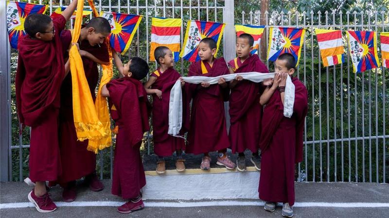 Warten auf den Dalai Lama: Junge, buddhistische Mönche warten darauf, ihr geistliches Oberhaupt, den Dalai Lama, in der indischen Stadt Dharamsala zu begrüßen.