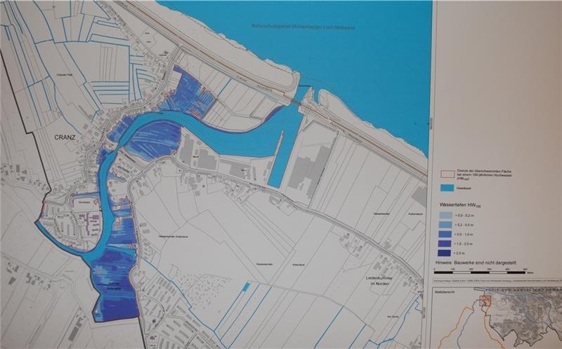 Wassertiefen im Überschwemmungsgebiet Este in Cranz bei einem 100-jährlichen Hochwasserereignis (HQ5 + drei Sperrtiden).