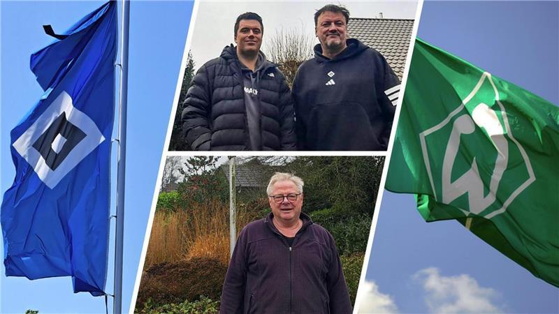 Welcher Verein hat die Lufthoheit über Bokel? Marko Rebien (o.r.), sein Sohn Marius und Nachbar Jürgen Härtlein freuen sich auf das Nordderby zwischen dem HSV und Werder Bremen am Sonntag.