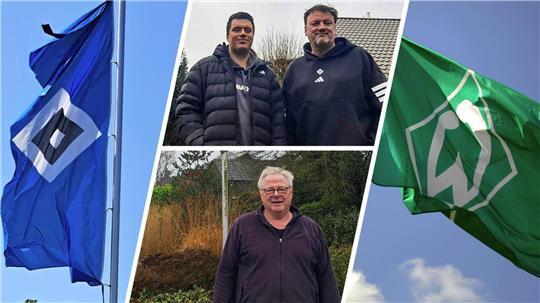 Welcher Verein hat die Lufthoheit über Bokel? Marko Rebien (o.r.), sein Sohn Marius und Nachbar Jürgen Härtlein freuen sich auf das Nordderby zwischen dem HSV und Werder Bremen am Sonntag.