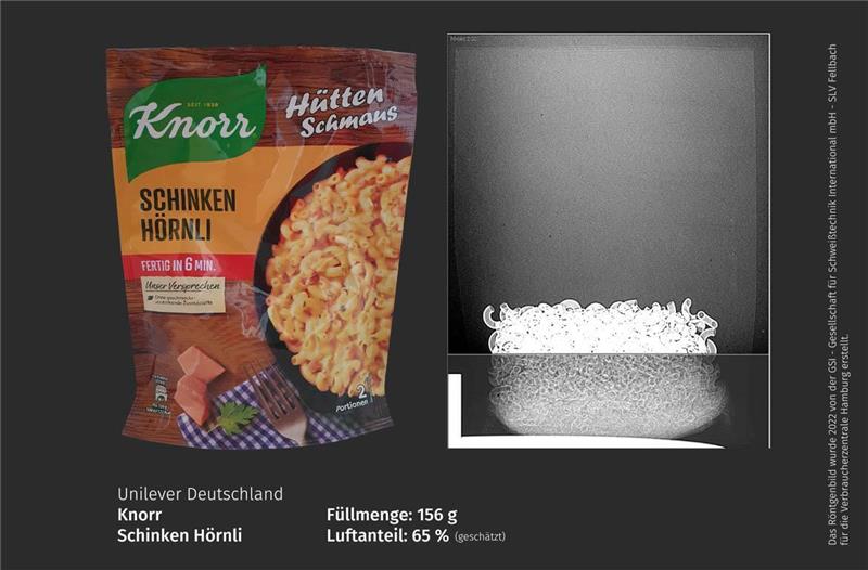 Verbraucherzentrale: Das sind die größten Mogelpackungen im Supermarkt Wenig Inhalt, viel Verpackung: Knorr Schinken-Hörnli. Foto: GSI/Verbraucherzentrale Hamburg