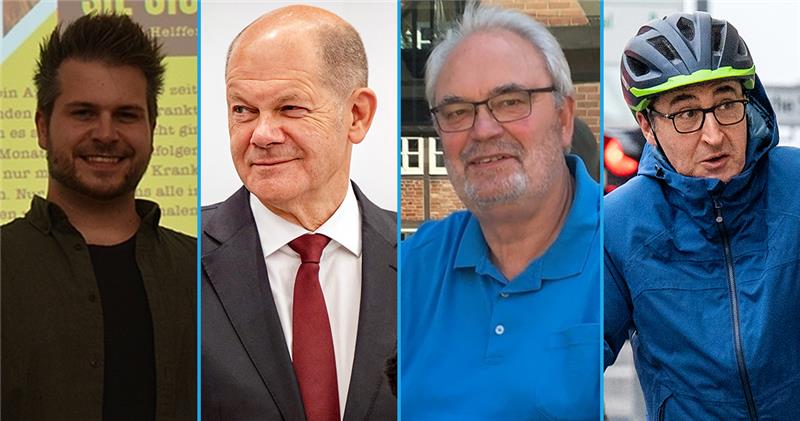 „Wer ist für Sie persönlich der Mensch des Jahres 2021?“ hat die TAGEBLATT-Redaktion gefragt. Jan Petersen, Olaf Scholz, Hans Biroth und Cem Özdemir (von links) waren einige der Antworten. Fotos: Tageblatt/dpa