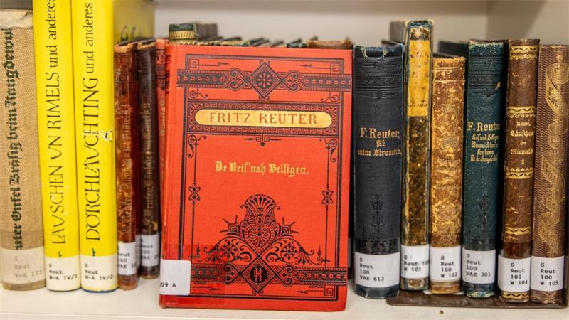 Nele Otten leitet weltgrößte Bibliothek für Plattdeutsch Werke des niederdeutschen Autors Fritz Reuter füllen ganze Regalreihen.