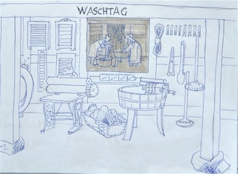 Werner Heidenreichs Entwurf für ein Gefach: Frauen am „Waschtag“ .