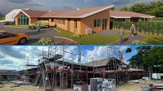 Wie die Kita „Haus der kleinen Entdecker“ in Fredenbeck einmal aussehen soll - und wie sie aktuell nach dem Richtfest aussieht.
