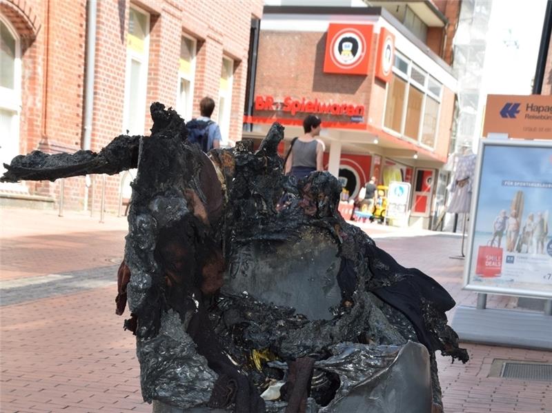Wie ein Mahnmal: Eine vom Feuer zerstörte Mülltonne steht an Morgen nach der Brandnacht in der Goos. Foto: Strüning