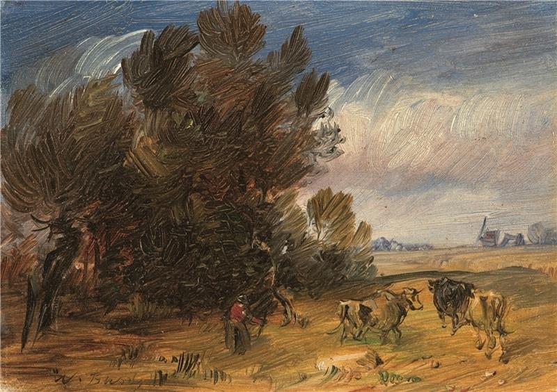 Wilhelm Busch: Herbstliche Waldlandschaft mit Hirt und Kühen, um 1889, Öl auf Pappe, 18,5 x 13,5 cm Privatbesitz. Foto Arne Schultz