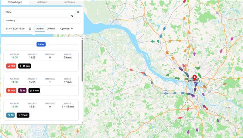 Wo befindet sich meine S-Bahn (Blau) oder mein Regionalzug (Rot) gerade? Bis hin zu einzelnen Buslininen lassen sich die Fahrten mit transitous nachverfolgen.