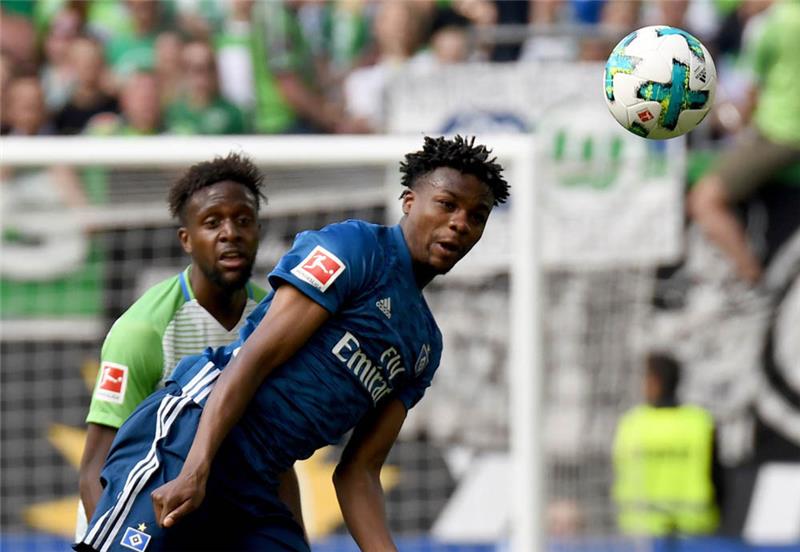 Wolfsburgs Divock Origi (l) und Hamburgs Gideon Jung kämpfen um den Ball. Foto: Peter Steffen/dpa