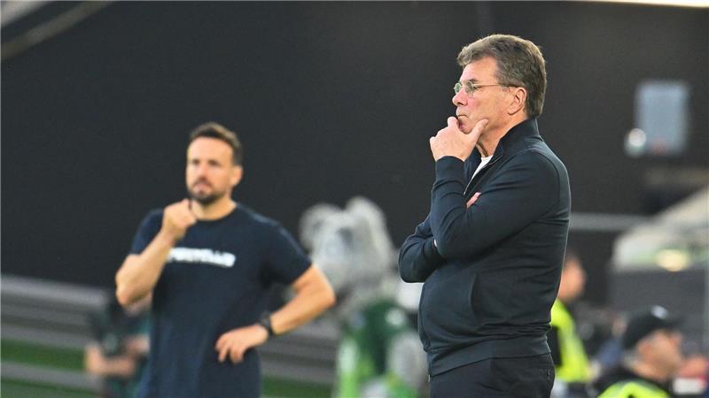 Wolfsburg droht Abstieg: Was machen Hecking und VW? Wolfsburgs Trainer Dieter Hecking (r) und sein Paderborner Kollege Ralf Kettemann.