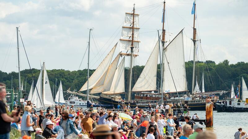 Zahlreiche große und kleine Segelschiffe fahren während der Windjammerparade auf der Kieler Förde.