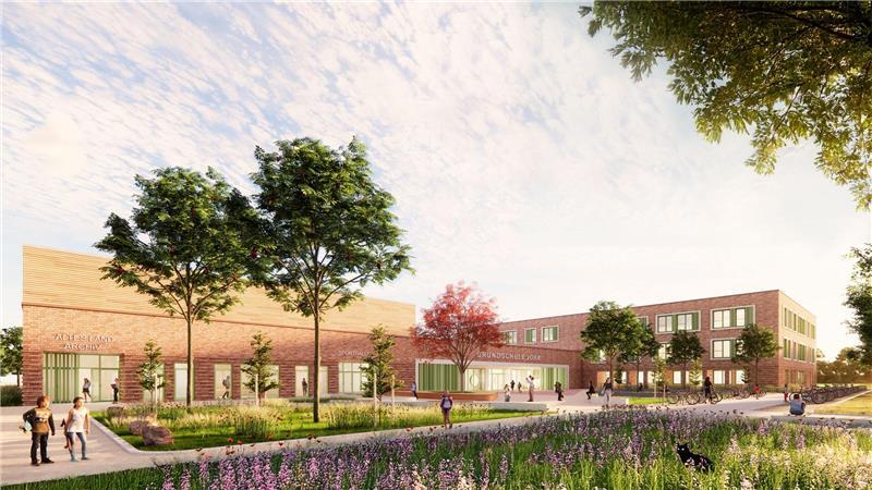 Zukunft: Blick auf den Eingang der neuen Grundschule Jork im Sommer 2027.