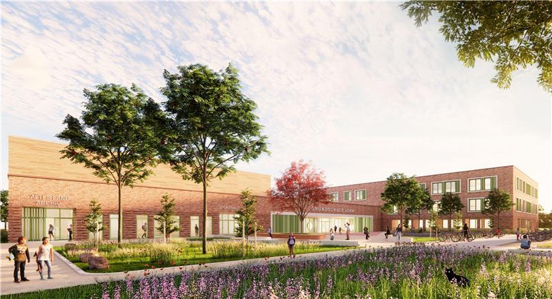 Zukunft: Blick auf den Eingang der neuen Grundschule Jork im Sommer 2027.