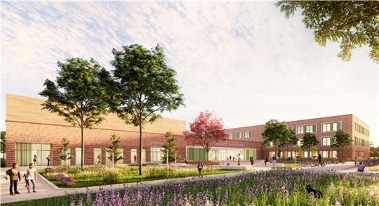 Zukunft: Blick auf den Eingang der neuen Grundschule Jork im Sommer 2027.