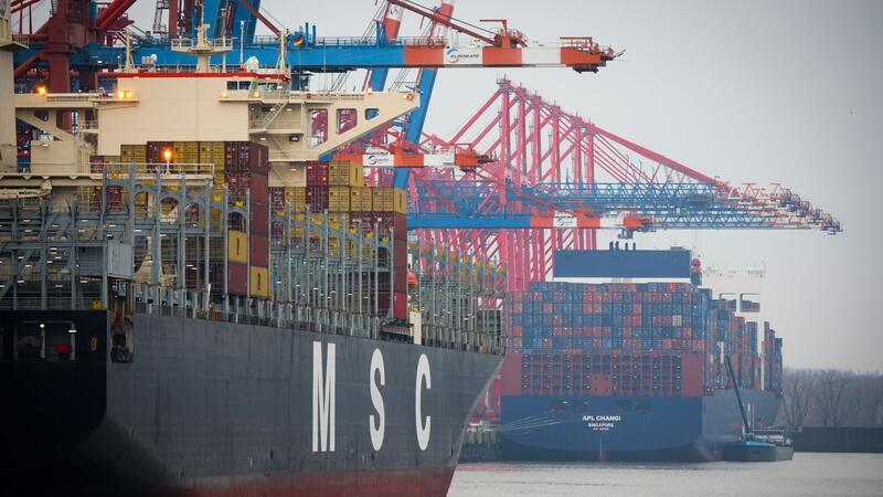 Zwei Containerschiffe liegen am Terminal Eurogate im Hamburger Hafen.