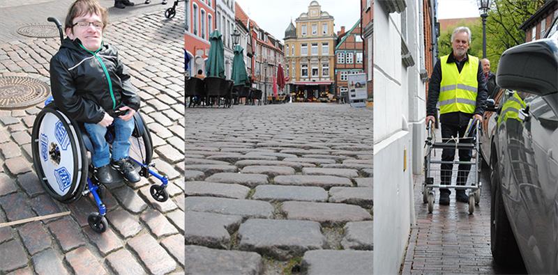 <b>Links: </b>Manche Fugen sind zu breit für Rollstuhlreifen: Max Prigge bleibt am Fischmarkt stecken. <b>Rechts:</b> Wenn Autofahrer auf dem Gehweg parken: Peter Stötzner bleibt in der Johannisstraße stecken.