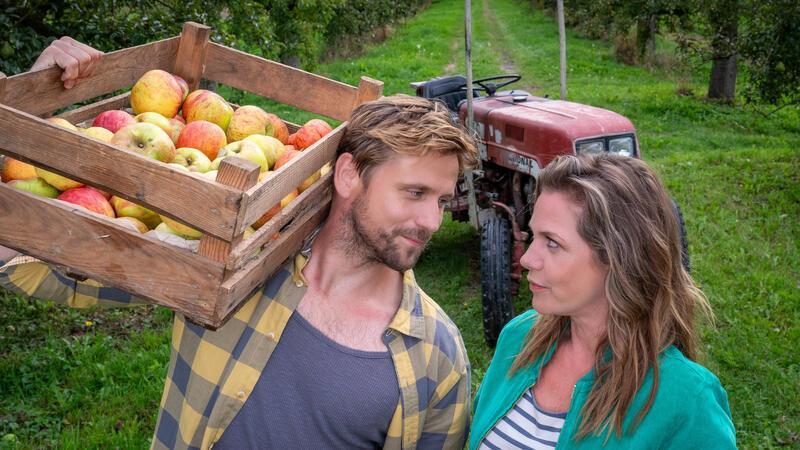 Warum der Regen-Sommer den Urlaub im Kreis Stade nicht trübt in der ZDF-Serie „Neuer Wind im Alten Land“ flirtet die Altländer Journalistin Beke Rieper (Felicitas Woll) mit ihrem Apfel-Adonis Paul (Steve Windolf).