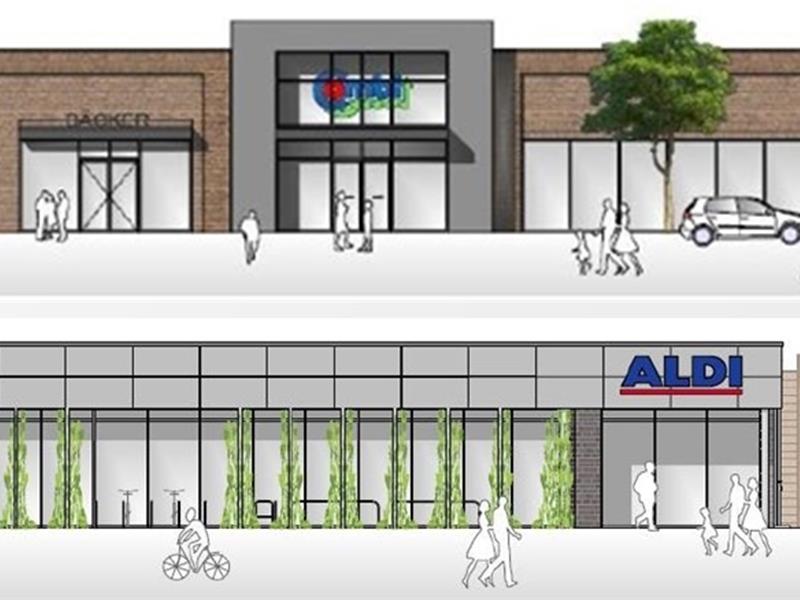<p>Oben: Der Combi-Markt der Bünting-Gruppe: Die Südansicht ist dem Kirchenumfeld zugewandt. Entwürfe: Bernd Mügge Architekt BDA<strong>Unten: Der geplante Aldi-Markt von Süden aus gesehen: Fassadengrün soll die Wirkung des wuchtigen Gebäudes abmildern.</strong><br></p>